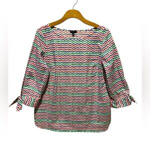 Talbots Vibrant Multicolor Zigzag Boatneck 3/4 Sleeve Blouse with Tie Details